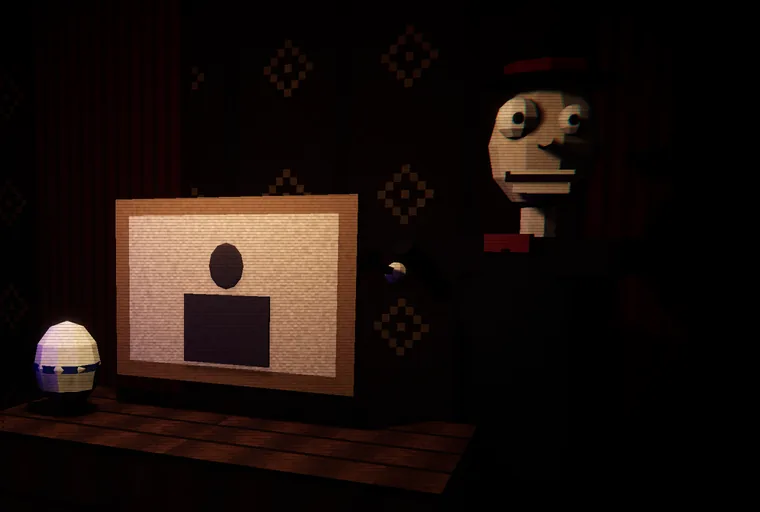 In-game screenshot: the grinning auctioneer in a red cap points his gavel at a painting, a striped egg sits on the table