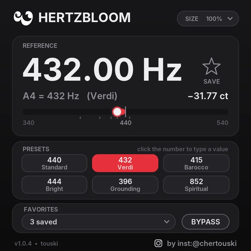 Preset 432 Verdi selected: 432.00 Hz, minus 31.77 cents