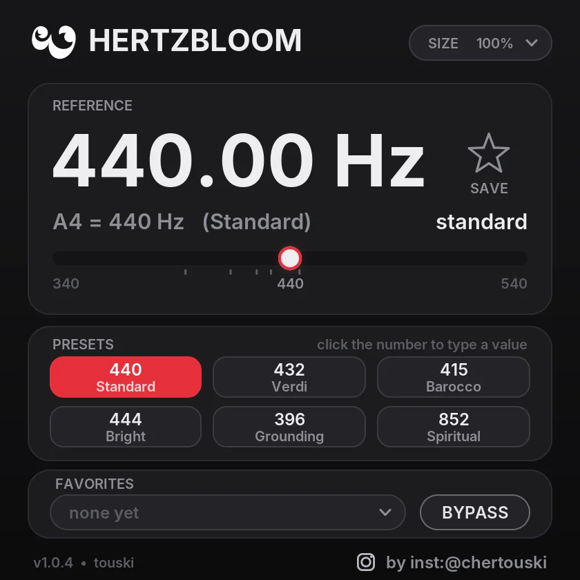 HertzBloom 1.0.4: reference 440.00 Hz, A4 = 440 Hz standard, presets and favourites