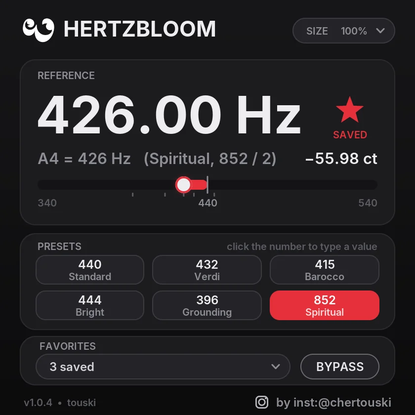 Preset 852 Spiritual: A4 = 426 Hz, 852 / 2, minus 55.98 cents