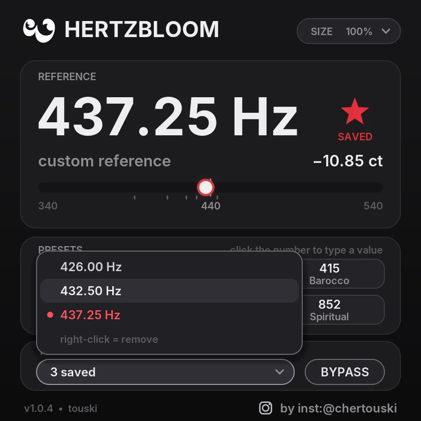 Favourites list with three saved tunings: 426.00, 432.50 and 437.25 Hz