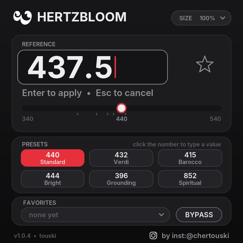 Typing 437.5 into the frequency field: Enter to apply, Esc to cancel