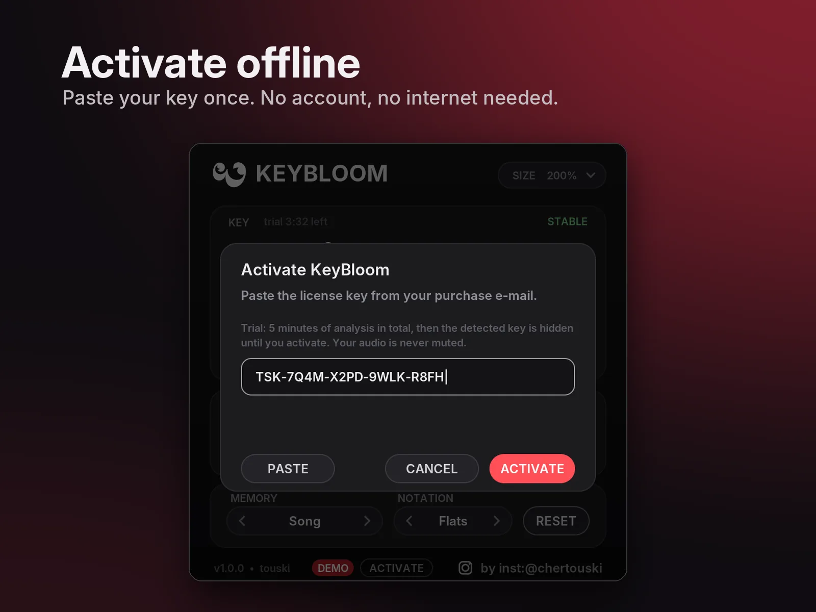 Activation window with an example license key