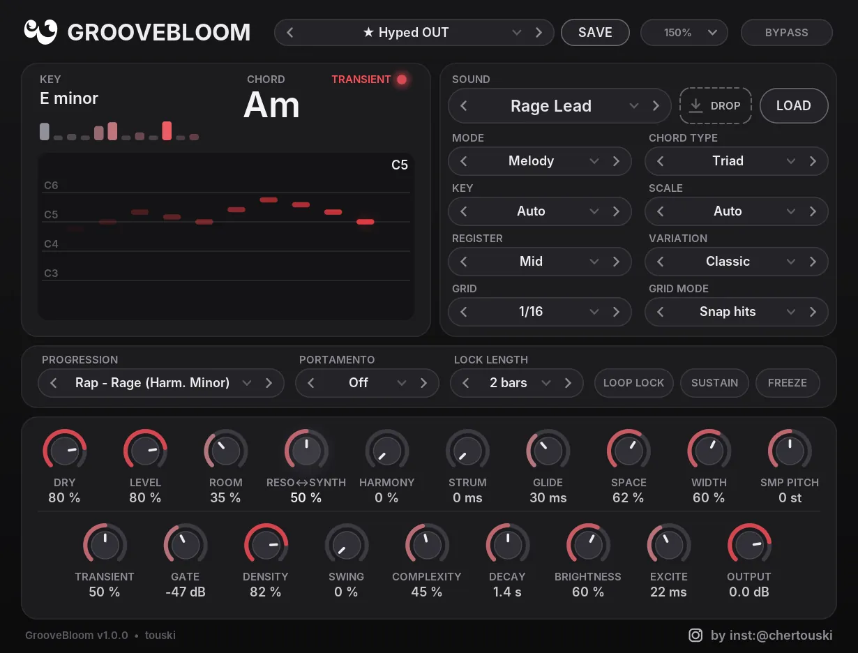GrooveBloom 1.0: key E minor, chord Am, preset Hyped OUT, sound Rage Lead